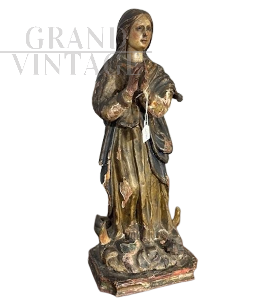 Antique polychrome wooden sculpture of the Virgin, 17th century