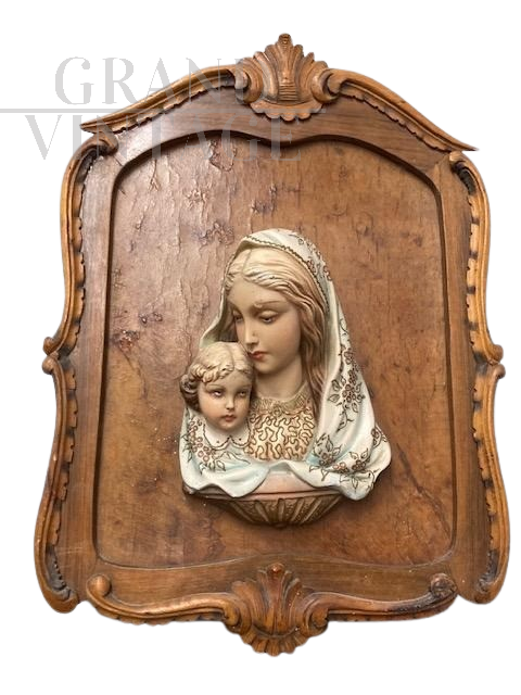 Headboard sculpture of Madonna with Child in majolica from the 1950s 
