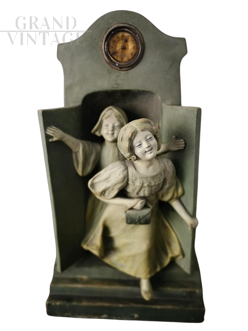 Late 19th century terracotta sculpture with little girls and clock    