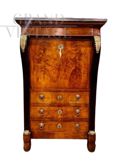19th century Empire secretaire in walnut and walnut crotch