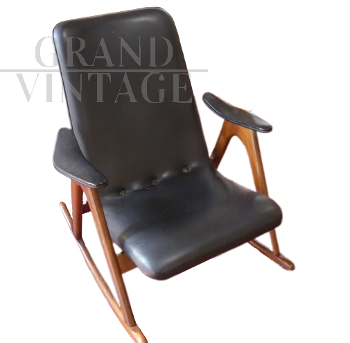 Vintage rocking chair in skai and walnut