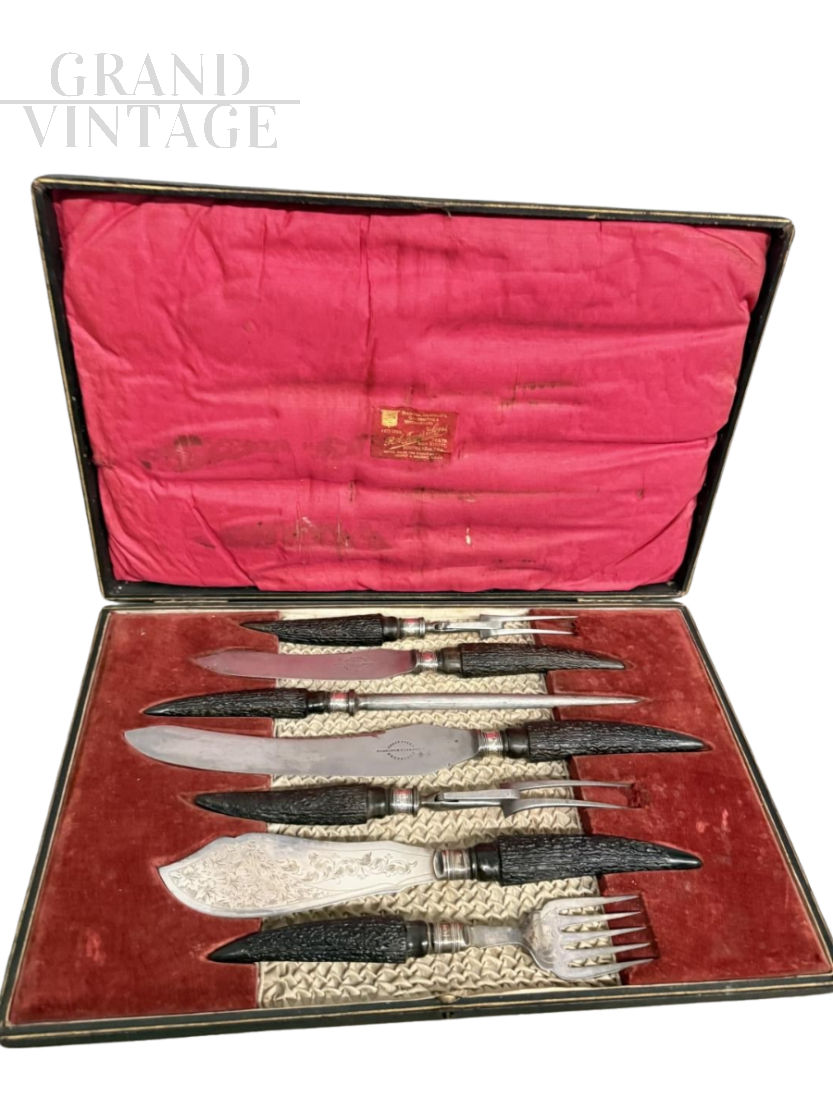 Harrison Fisher carving knife set in Sheffield silver and horn, 1890