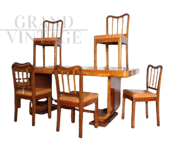 Art Deco dining set with table and chairs in walnut and leather                 