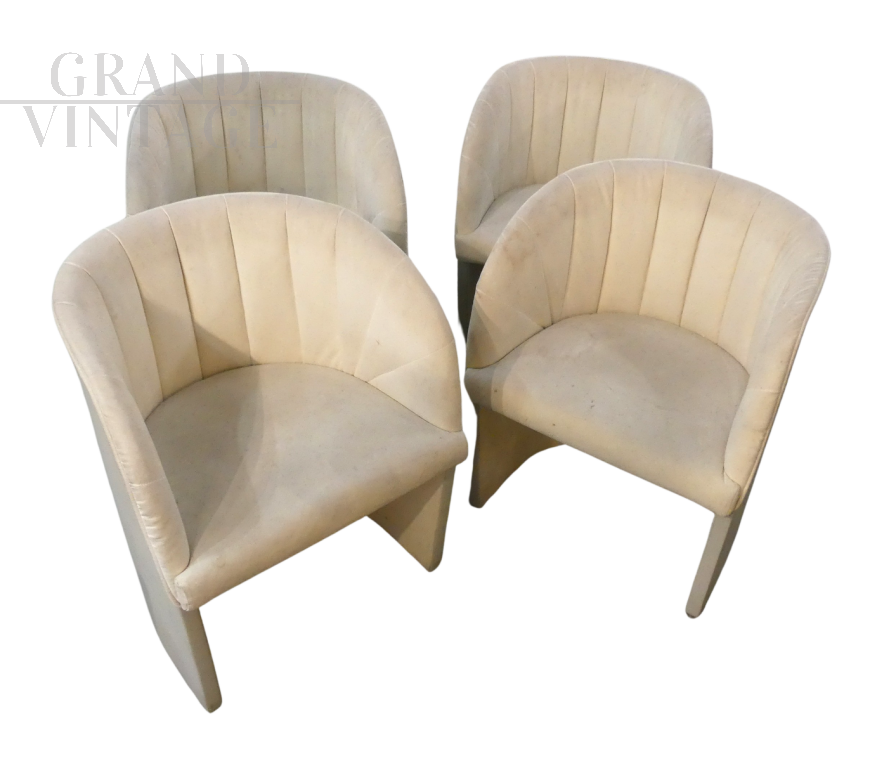 Set of 4 vintage armchairs in ivory-coloured alcantara and skai, 1980s