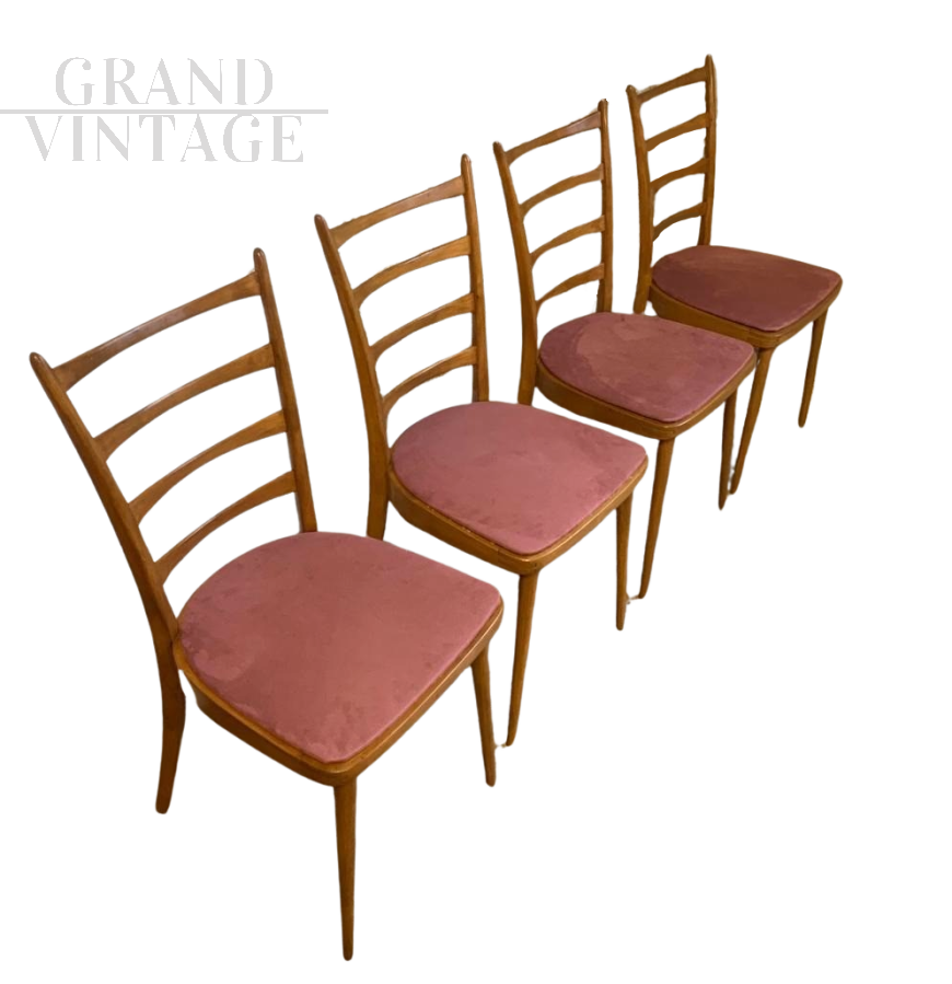 Set of 4 vintage Scandinavian style chairs in old pink velvet