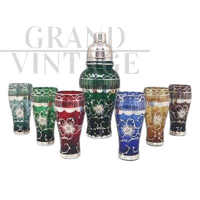 Set of shaker with 6 glasses in colored and worked glass, 1960s  