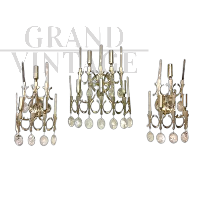 Set of 3 Gaetano Sciolari wall lights in nickel and crystal drops, 1960s