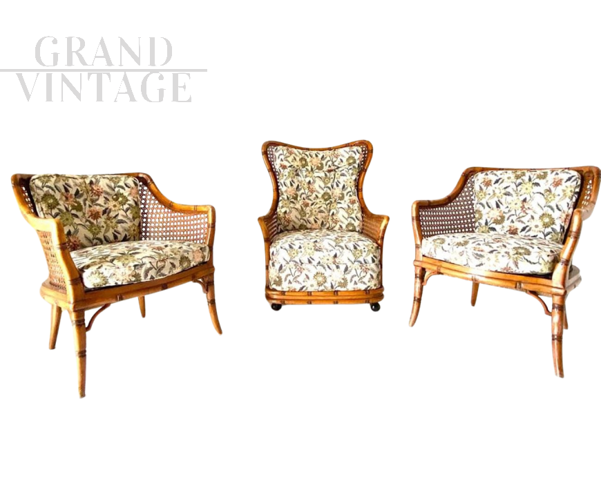 Set of 3 Giorgetti design armchairs in faux bamboo and wicker, Italy 1970s