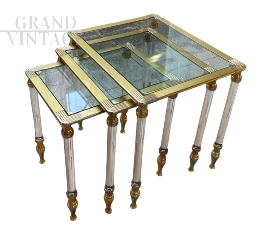 Set of 3 glass and brass nesting tables