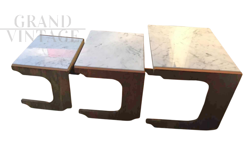 Set of 3 Scandinavian nesting tables in teak and white marble