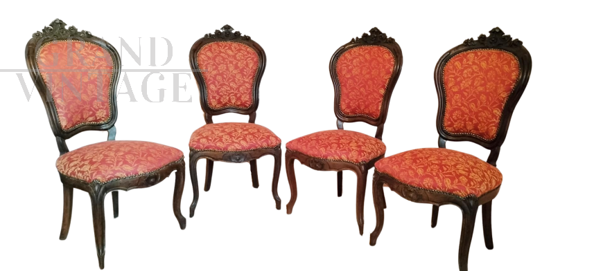 Set of 4 antique Louis Philippe chairs upholstered in carved walnut        