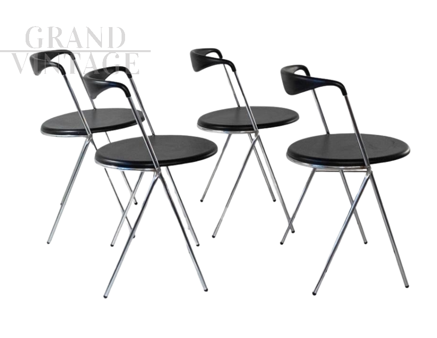 Set of 4 vintage chrome-plated steel chairs in Hans Eichenberger style