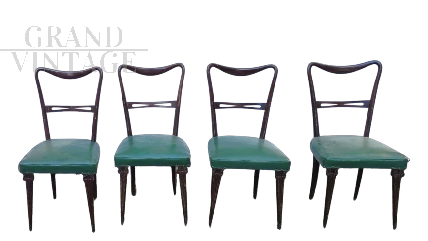 Set of 4 vintage Papillon chairs in wood and green skai  