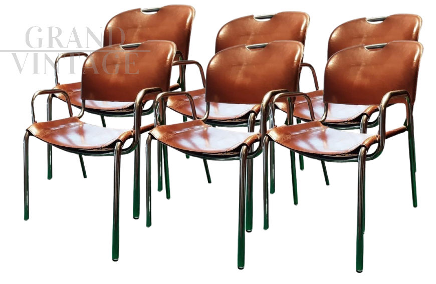 Set of 6 Castiglia chairs by Zanotta in brown leather