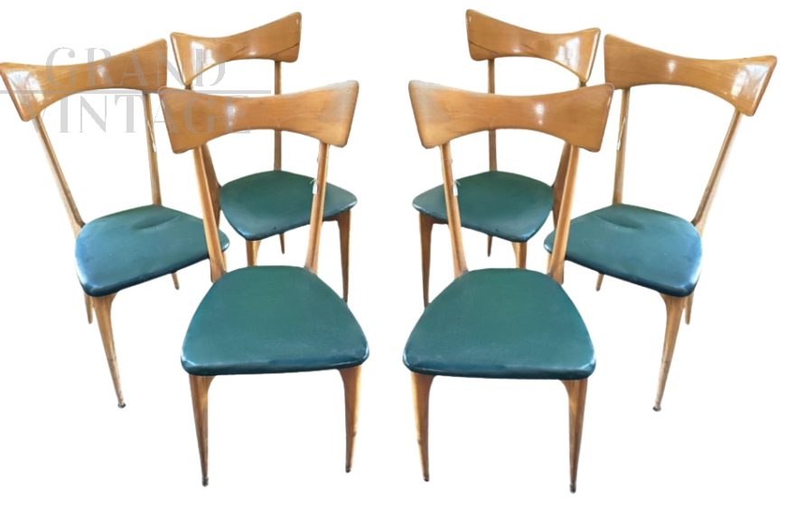 Set of 6 Ico Parisi chairs in light wood with green skai seat