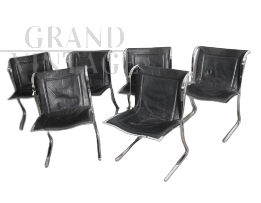 Set of 6 Fumagalli modern chairs in metal and leather, Italy 1970s        