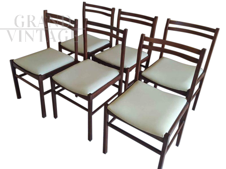 Set of 6 vintage 70's chairs with white skai seat     
                            