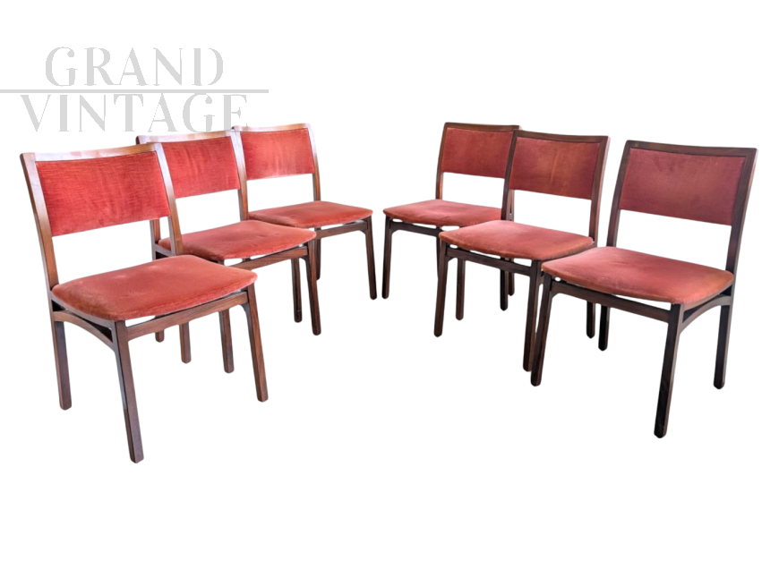 Set of 6 vintage mahogany and red velvet chairs, Italy 1960s