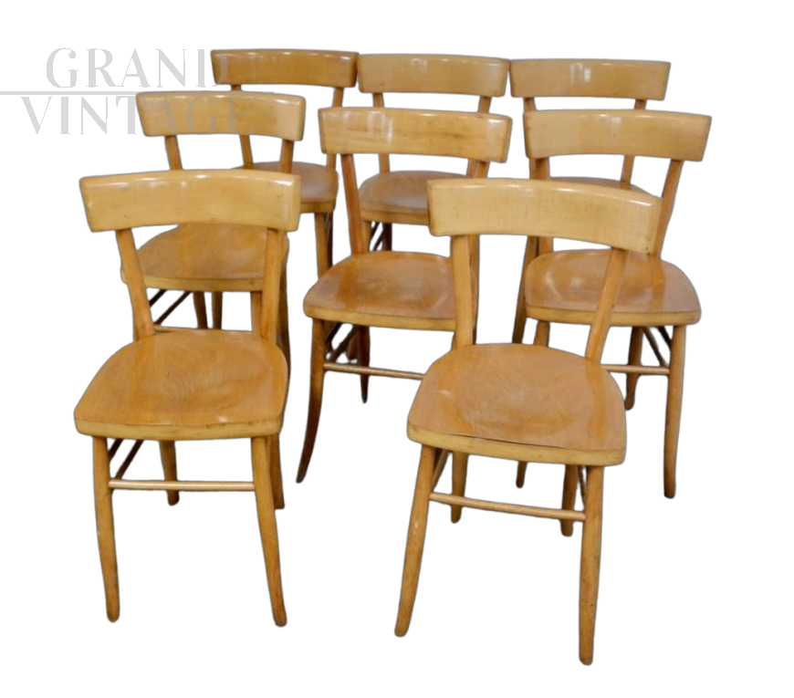 Set of 8 vintage bistro chairs in light beech wood, 1950s                         
                            