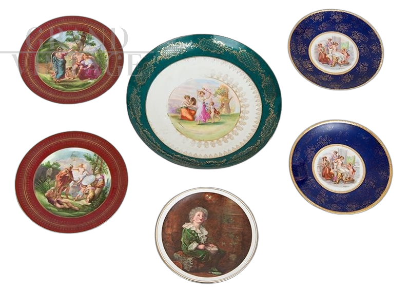 Set of six plates in Vienna polychrome porcelain signed A. Kauffmann