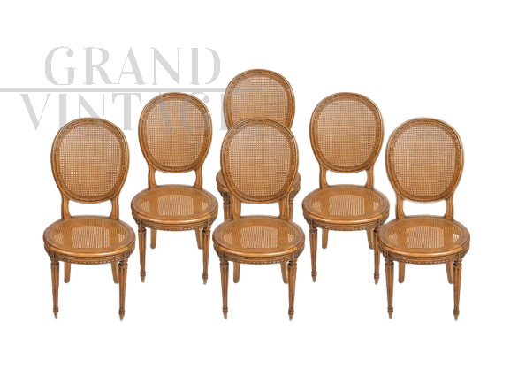 Set of six antique Napoleon III chairs in solid walnut and Vienna straw