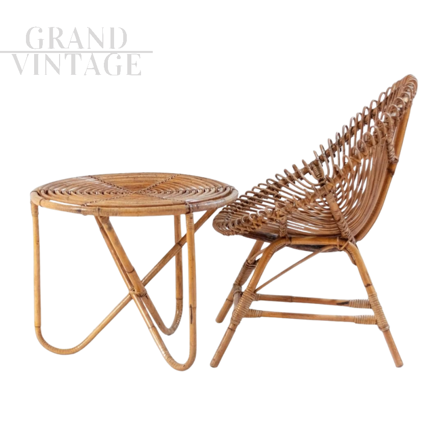 Bamboo armchair and coffee table set, Italy 1960s