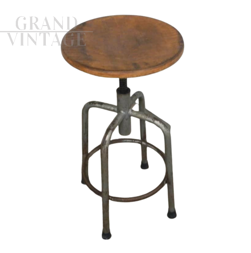 Industrial swivel stool in wood and iron with 4 legs, 1960s