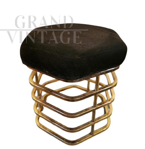 Vintage spiral stool in brass and velvet, 1950s