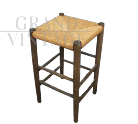 Vintage wooden stool with straw seat, 1960s