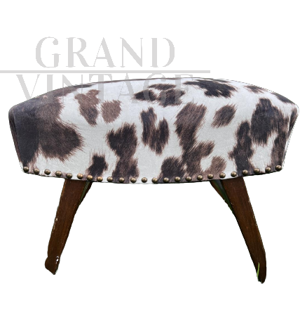 Vintage ottoman in wood and spotted velvet                        