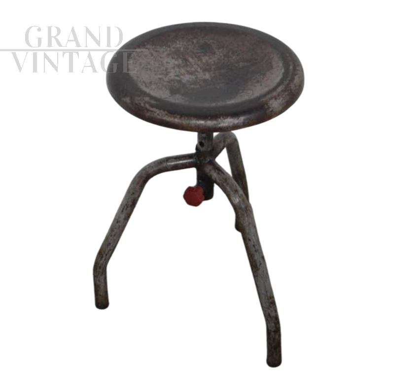 Vintage industrial three-legged iron stool, 1950s    