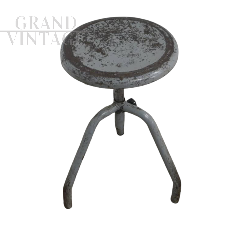 Vintage industrial gray lacquered iron stool, 1950s