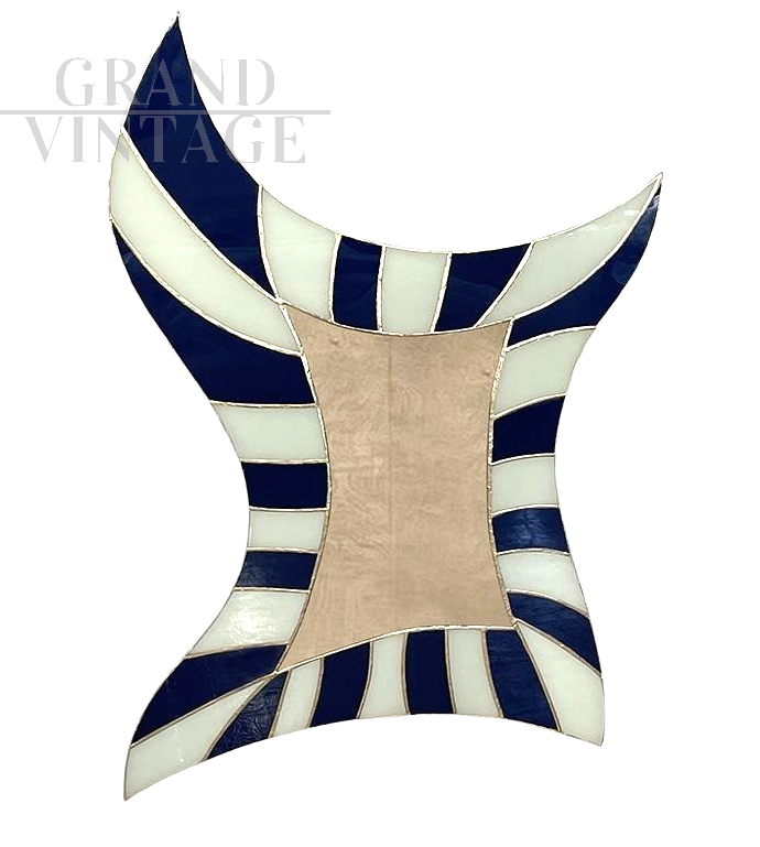 Shaped mirror in white and blue glass with LED lighting