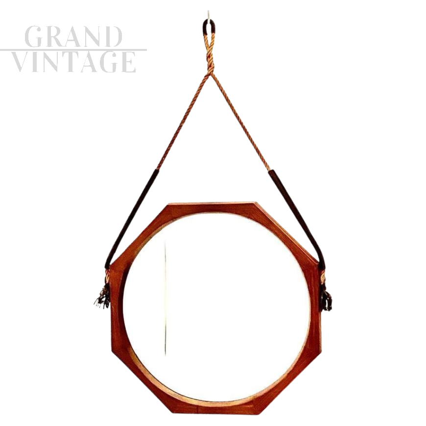 Campo e Graffi octagonal mirror in teak with beveled glass, Italy 1960s