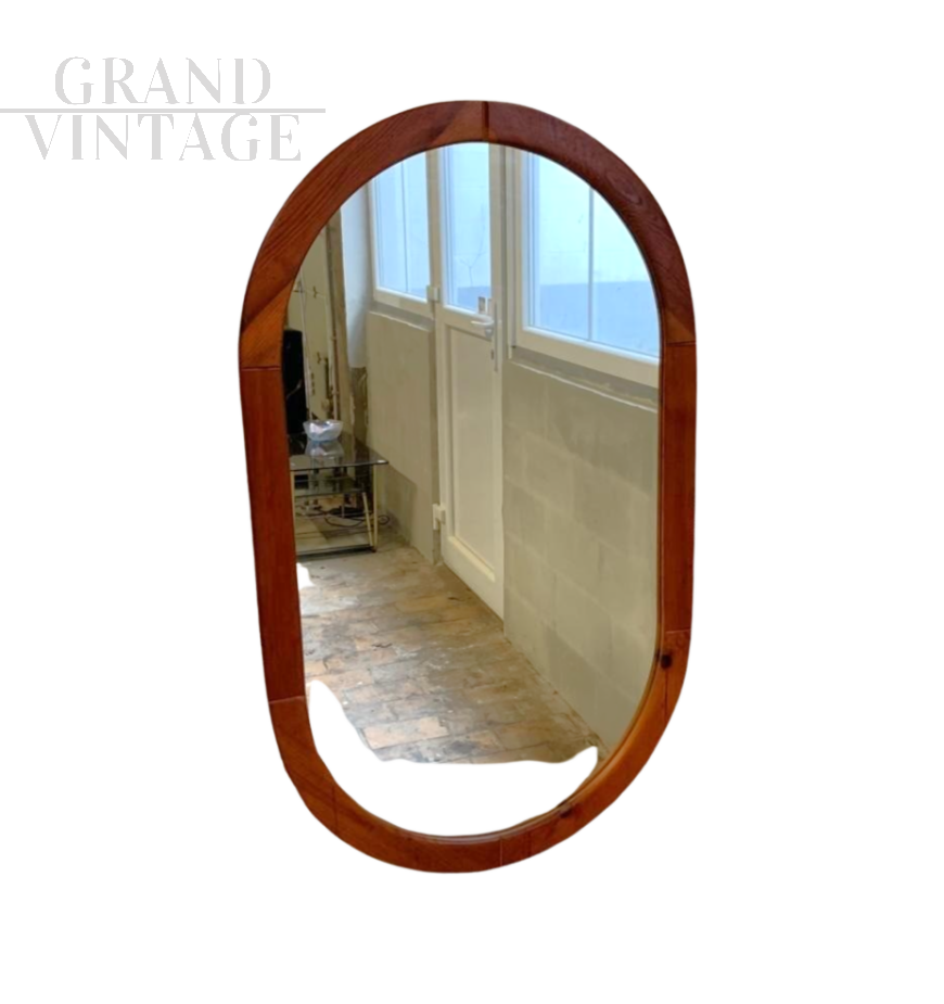 Vintage Ikea oval mirror from the 1970s in solid pine wood