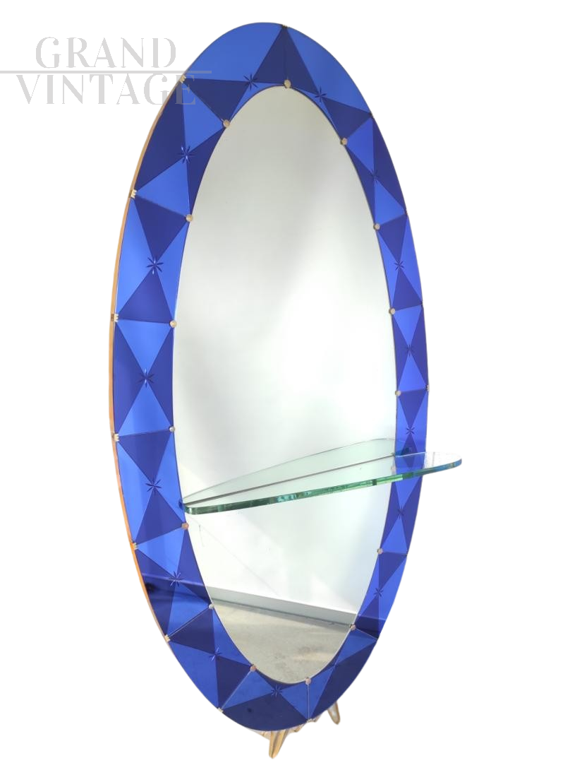 Vintage oval mirror in brass and blue crystal, Italy 1950s