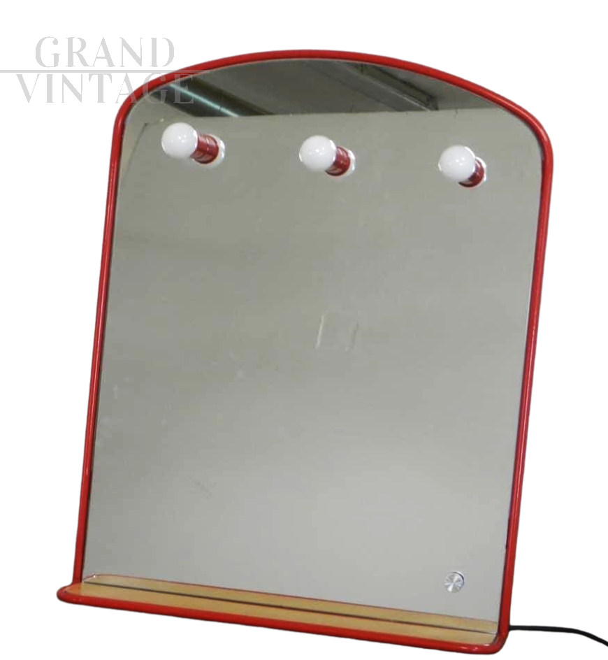 Vintage illuminated mirror in red metal with shelf, 1970s