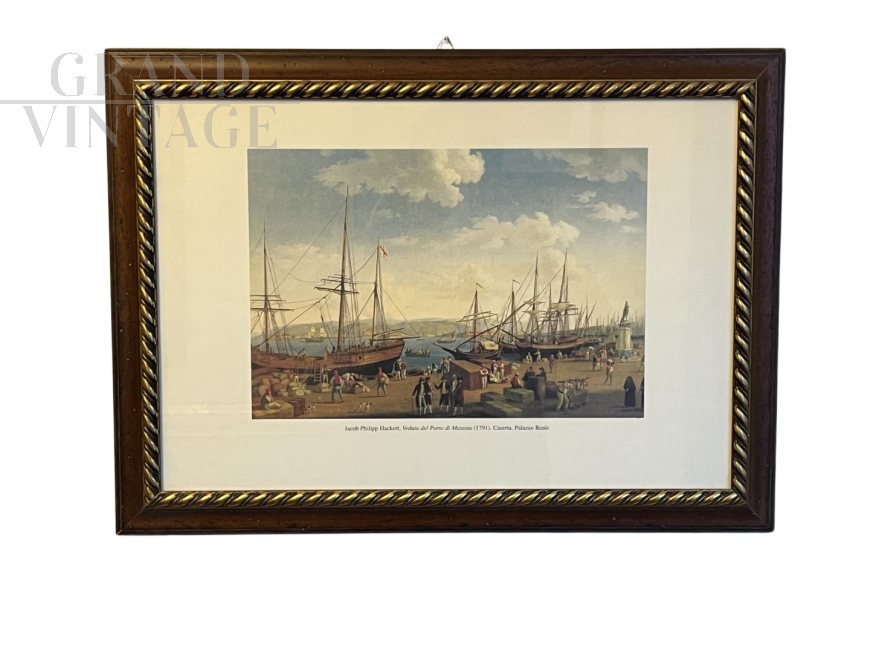 Color print with a view of the port of Messina in the 18th century