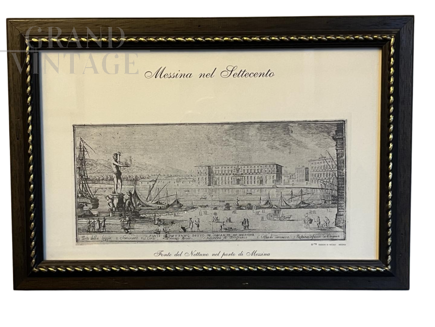 Antique print with the Neptune fountain in the port of Messina, Italy 18th century   