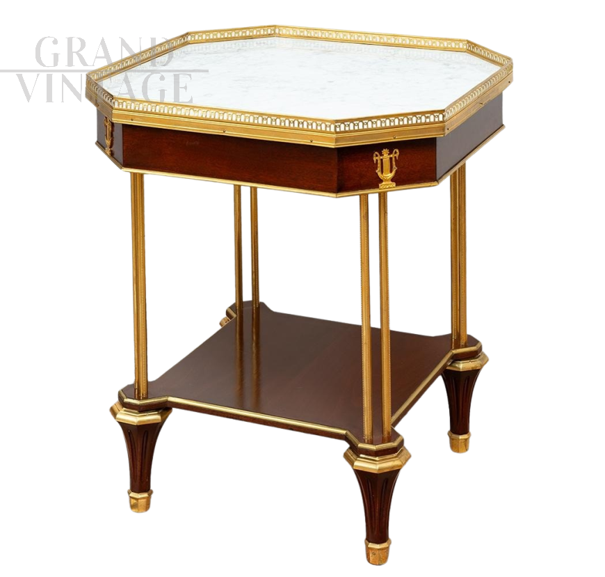 Antique Napoleon III octagonal coffee table in mahogany, marble and bronze