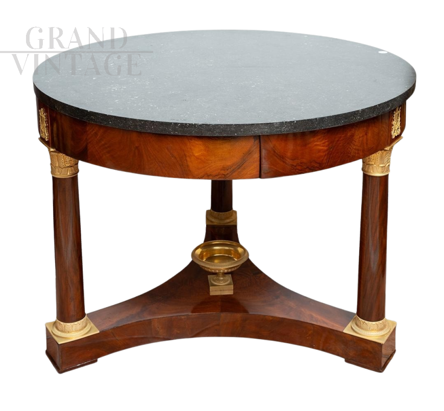 Antique Empire coffee table in mahogany feather with black marble top