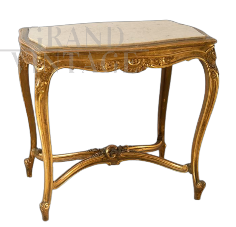 Antique Napoleon III side table in carved and gilded wood with marble top                   
                            