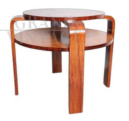Round art deco coffee table with two tops in walnut and briar, 1940s
