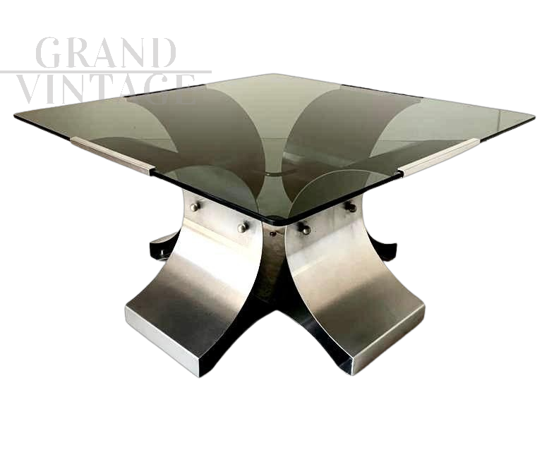 Coffee table by François Monnet in steel and glass, 1970s space age