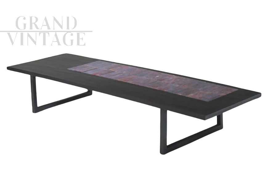 Coffee table by Joaquim Tenreiro in black wood and glazed ceramic