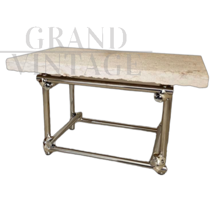 Coffee table in chromed rod with top in travertine marble                      
                            
