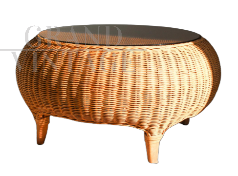 Round wicker coffee table with glass top, Italy 1970s