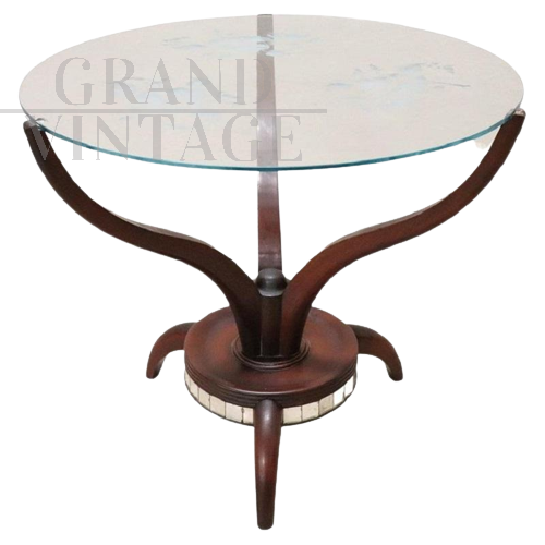 Vintage round wooden coffee table with decorated glass top, 1950s