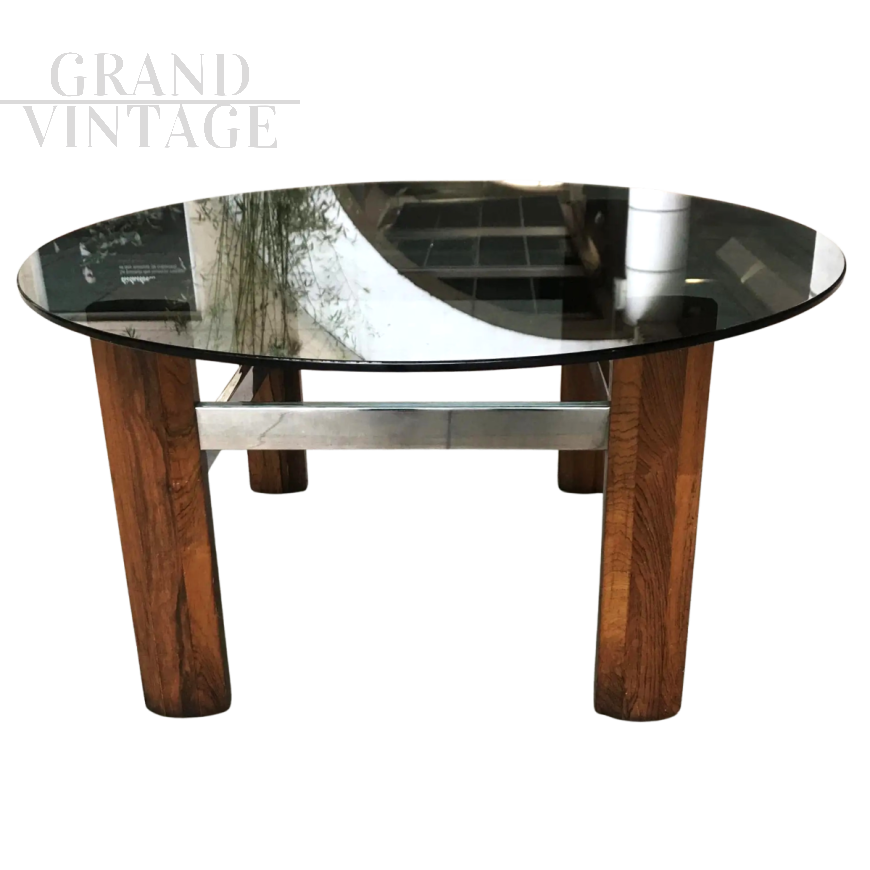 Vintage American round coffee table with smoked glass top