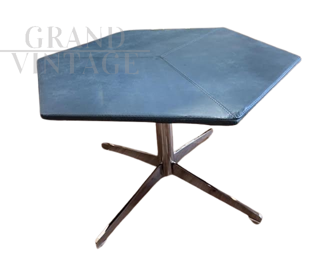 Vintage hexagonal coffee table with blue alcantara top